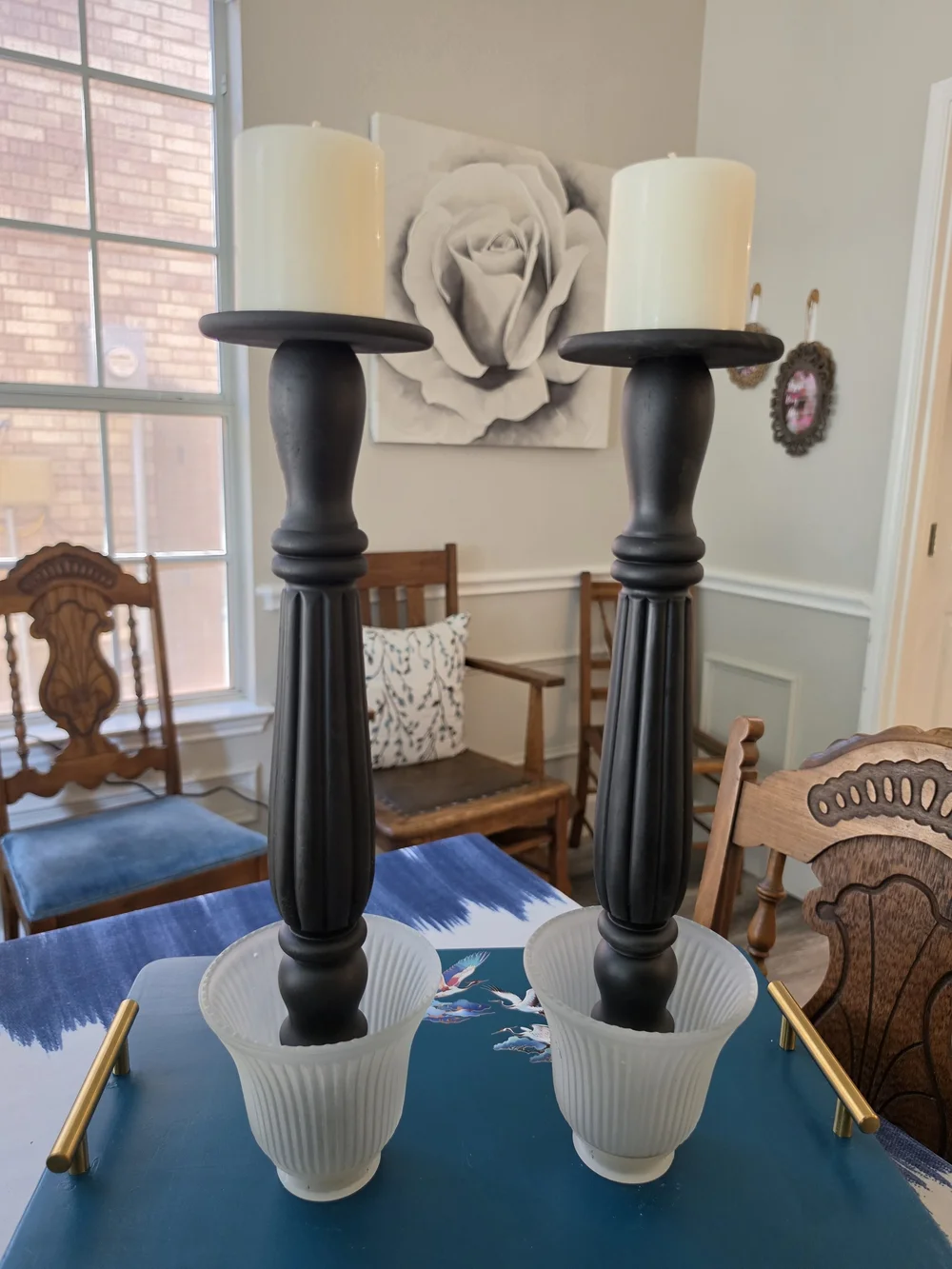 Pair Tall Black Wood Candlestick Holders White Ribbed Glass Hurricane Shades